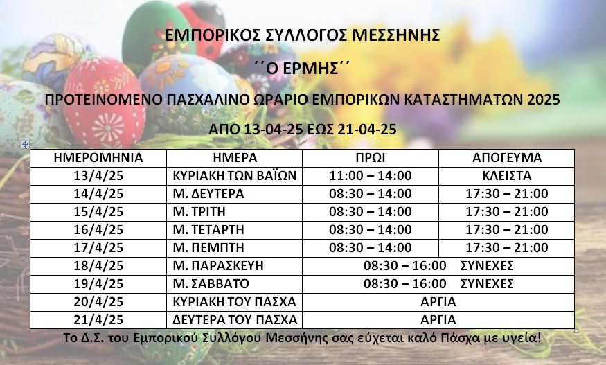 Το εορταστικό ωράριο λειτουργίας των εμπορικών καταστημάτων της Μεσσήνης για Πάσχα 2025 4